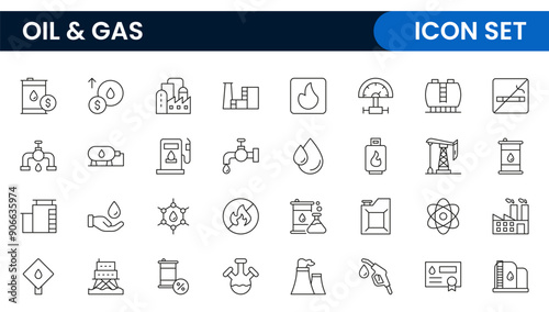 Set of Oil Gas Industry Line Icons. Contains such Icons as Gas Station, Oil Factories, Transportation, and more. line icon set.