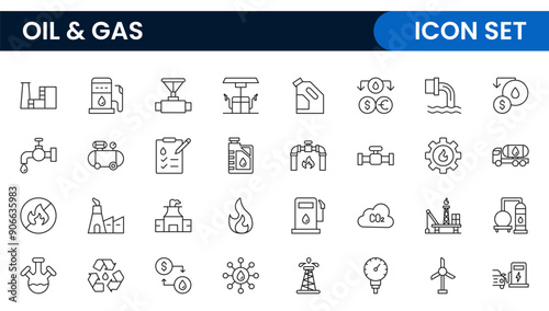 Set of Oil Gas Industry Line Icons. Contains such Icons as Gas Station, Oil Factories, Transportation, and more. line icon set.