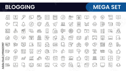 Blogging banner with icons. Post, social media, community, content, website, sharing, create, opinion. Business concept. Web vector infographic in outline icon style.