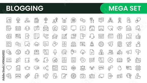 Blogging banner with icons. Post, social media, community, content, website, sharing, create, opinion. Business concept. Web vector infographic in outline icon style.