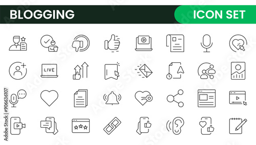 Blogging banner with icons. Post, social media, community, content, website, sharing, create, opinion. Business concept. Web vector infographic in outline icon style.