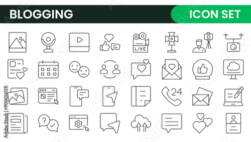 Blogging banner with icons. Post, social media, community, content, website, sharing, create, opinion. Business concept. Web vector infographic in outline icon style.