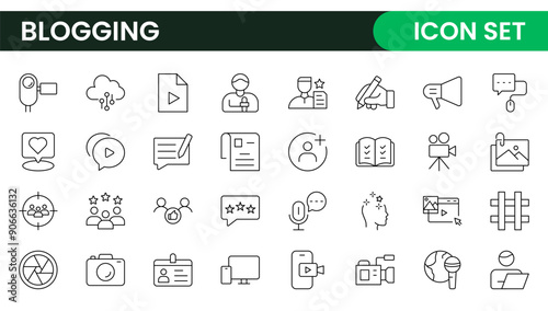 Blogging banner with icons. Post, social media, community, content, website, sharing, create, opinion. Business concept. Web vector infographic in outline icon style.