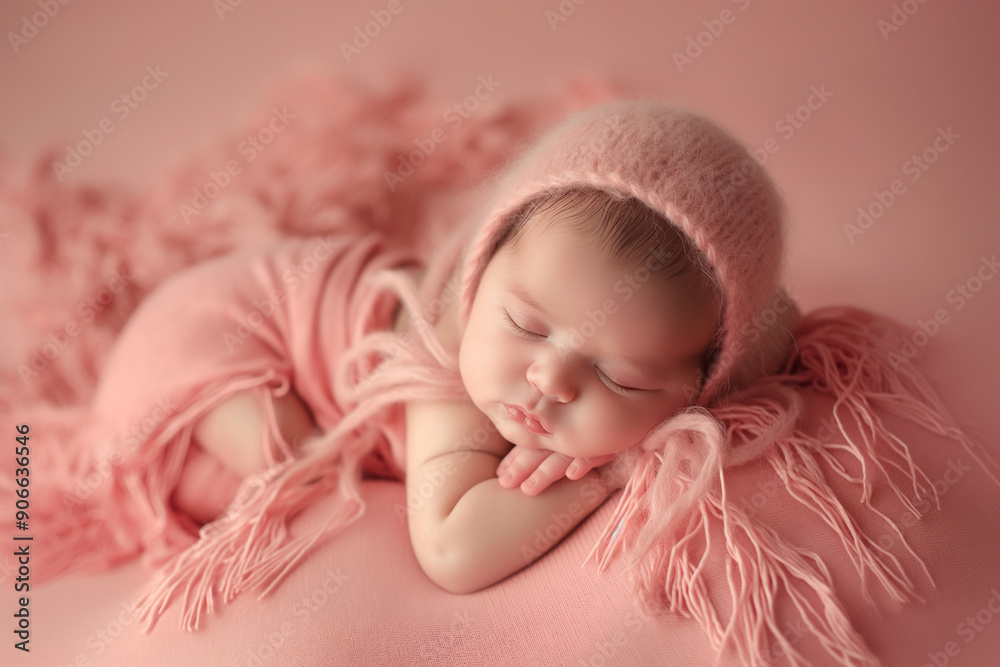 A newborn baby girl sleeping on her side, wrapped in soft pink fabric with frills and a matching bonnet, set against an isolated pastel background for portrait photography A newborn baby girl sleeping on her side, wrapped in soft pink fabric with frills and a matching bonnet, set against an isolated pastel background for portrait photography