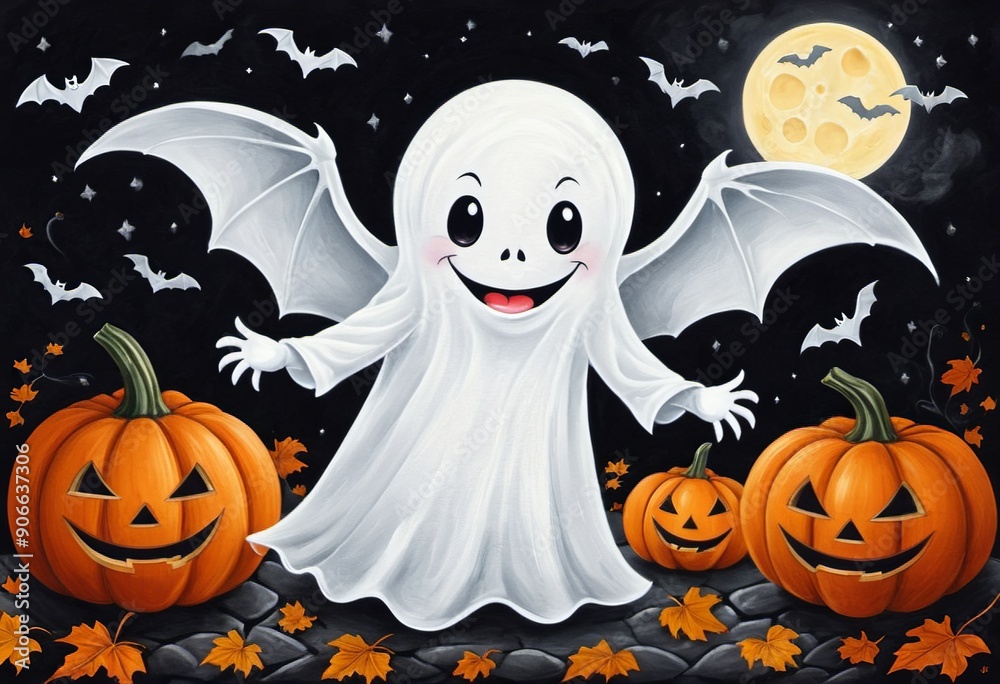 Halloween Decor: Smiling Ghost with Bats and Pumpkins Halloween Decor: Smiling Ghost with Bats and Pumpkins