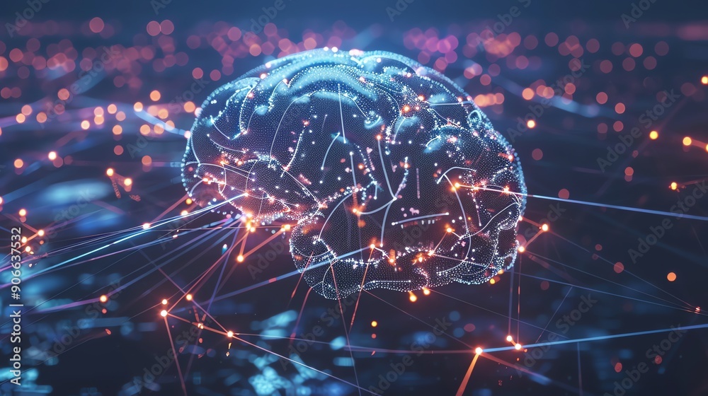 A digital rendering of a human brain with glowing connections. A digital rendering of a human brain with glowing connections.