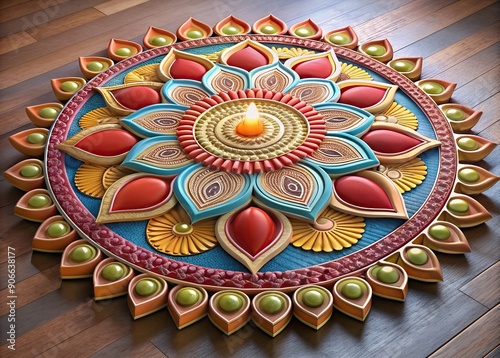 3d intricate rangoli design on wooden floor surrounded by layers petals geometric patterns indian festival diwali colorful photo