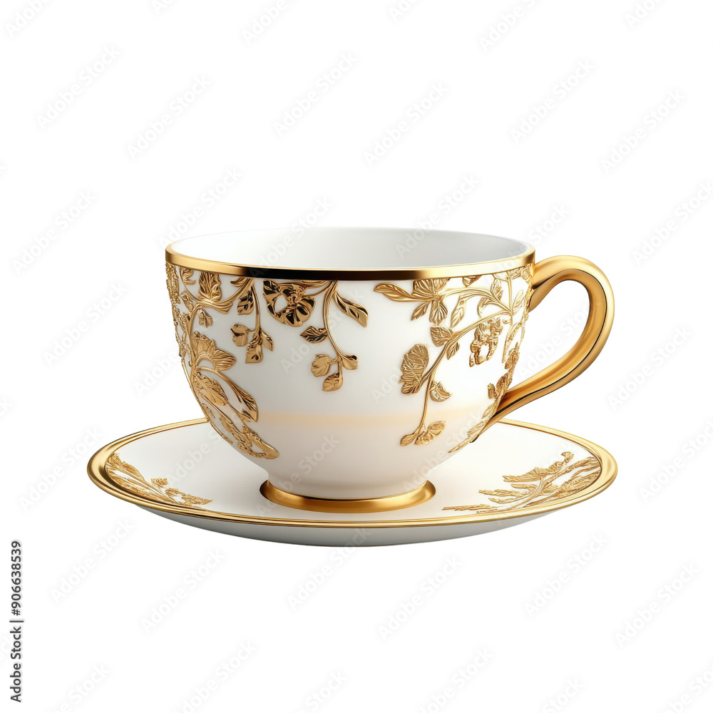 A cup with a floral design sits on a saucer A cup with a floral design sits on a saucer