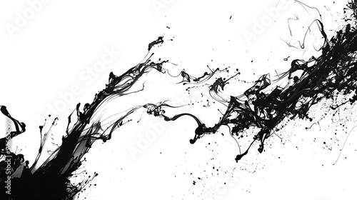 Dynamic black ink splashes creating intricate patterns on a clean white background, inspired by Japanese calligraphy