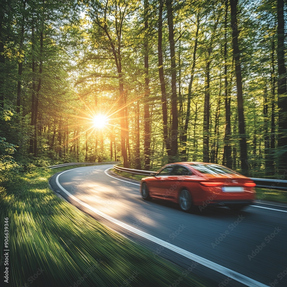Speeding Car on Winding Road in European Forest Speeding Car on Winding Road in European Forest
