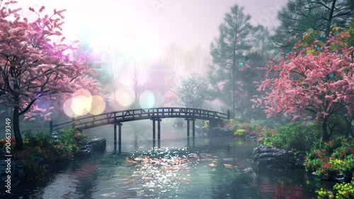 Tranquil Japanese Garden with a wooden bridge over a koi pond.