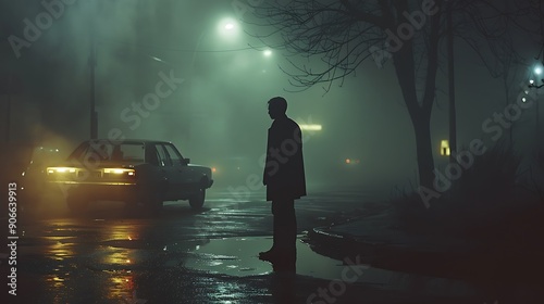 sihouette of man standing with his car in foggy photo