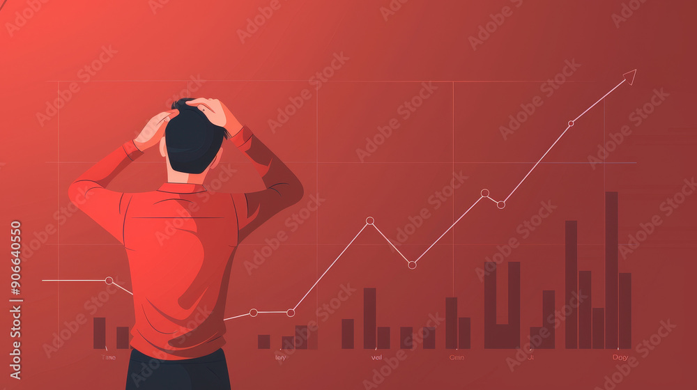 Man scratching his head over a downward trend graph, price drop business, flat illustration design. Man scratching his head over a downward trend graph, price drop business, flat illustration design.