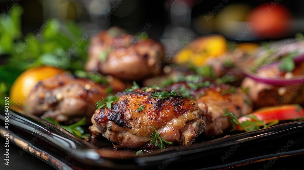 custom made wallpaper toronto digitalSucculent grilled chicken thighs garnished with fresh herbs, served with colorful vegetables on a dark plate.