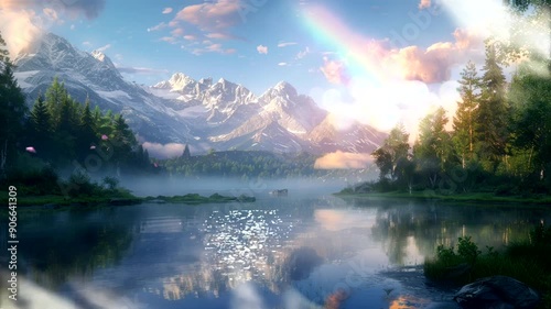 Tranquil mountain lake reflecting a beautiful sunrise.