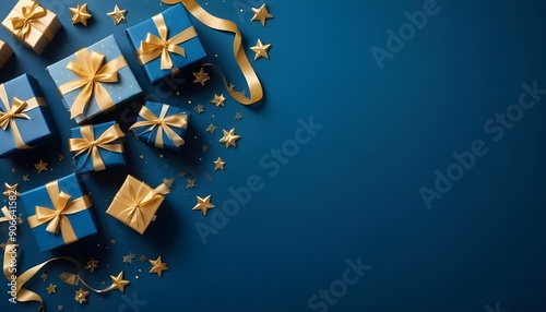 A blue background with gold stars and gift boxes with gold ribbons, creating a festive and celebratory atmosphere
