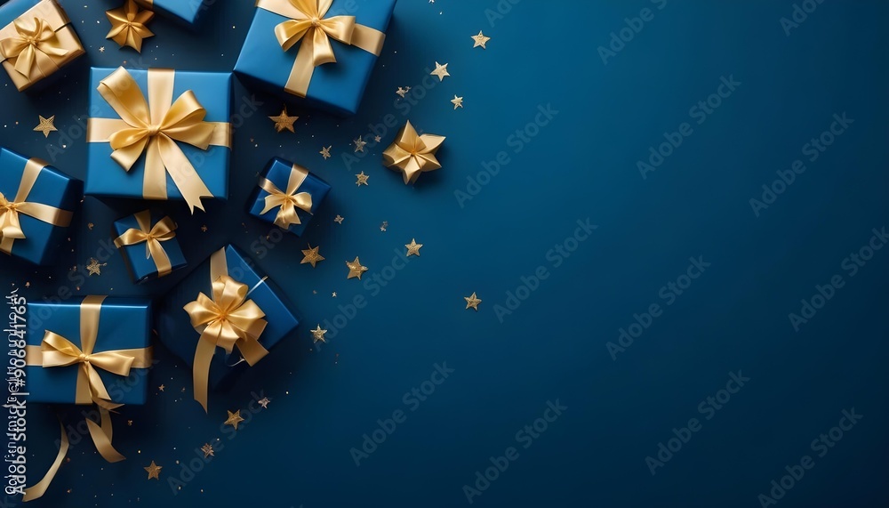 A blue background with gold stars and gift boxes with gold ribbons, create a festive and celebratory atmosphere A blue background with gold stars and gift boxes with gold ribbons, create a festive and celebratory atmosphere