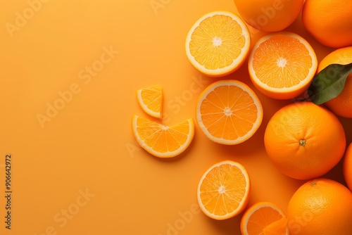 Brightly colored image featuring whole and sliced oranges arranged on an orange-colored flat background. photo