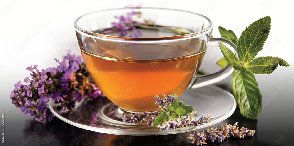 Lavender and mint garnished tea in a clear glass cup, with sprigs of lavender and mint in the background. Lavender and mint garnished tea in a clear glass cup, with sprigs of lavender and mint in the background.
