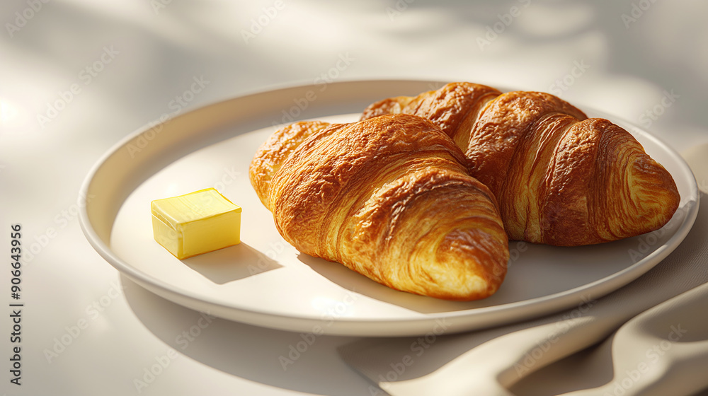 Three croissants on a white plate with butter and a glass of water