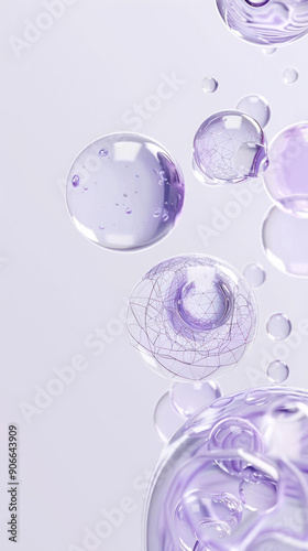 Hyaluronic acid skin solutions ad, collagen serum drops. cosmetics advertising background. Abstract texture of transparent liquid balls on light lilac background. Collagen Hydrolysate. Vertical