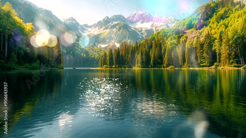 Tranquil mountain lake with reflection of green trees and snow-capped peaks.