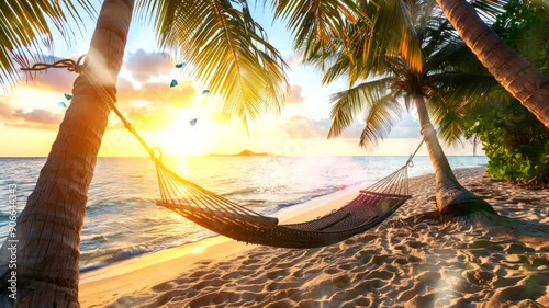 Tranquil sunset beach scene with hammock strung between palm trees.