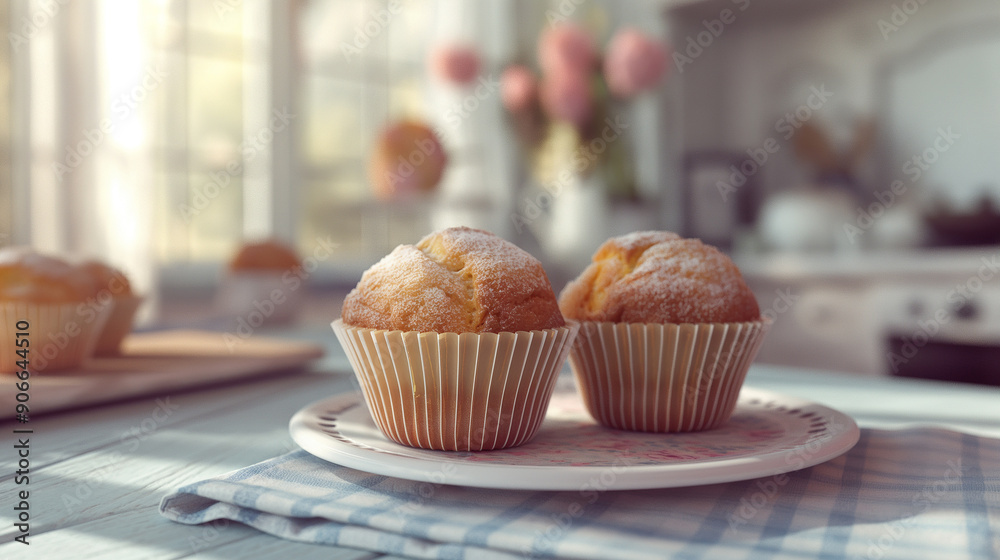 Two muffins with powdered sugar on top sit on a white plate on a blue