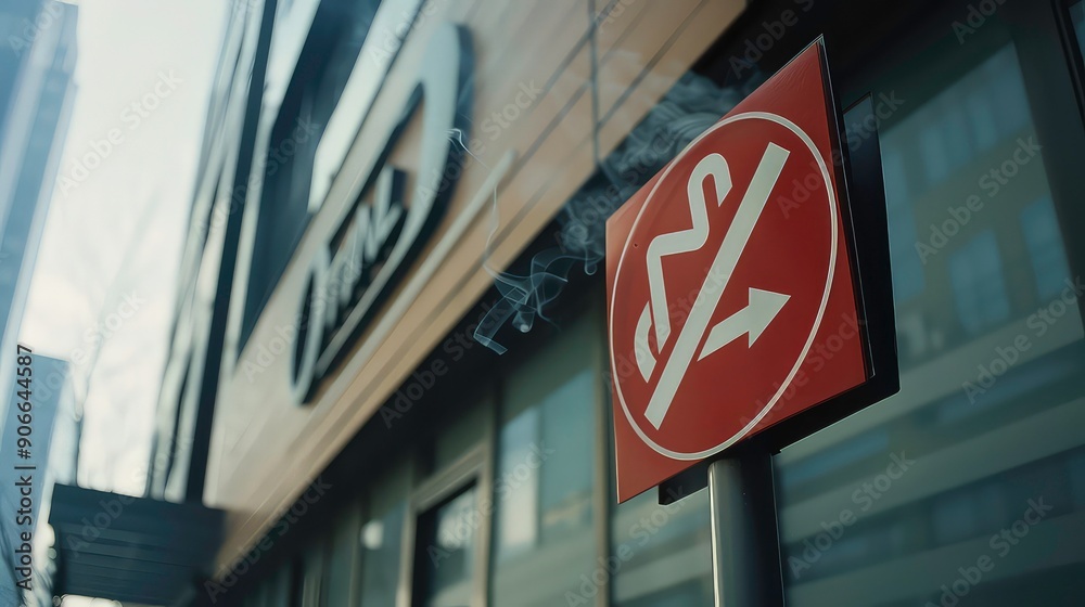 A no right turn sign is mounted on a building exterior with smoke emanating from a nearby source. Generative AI A no right turn sign is mounted on a building exterior with smoke emanating from a nearby source. Generative AI