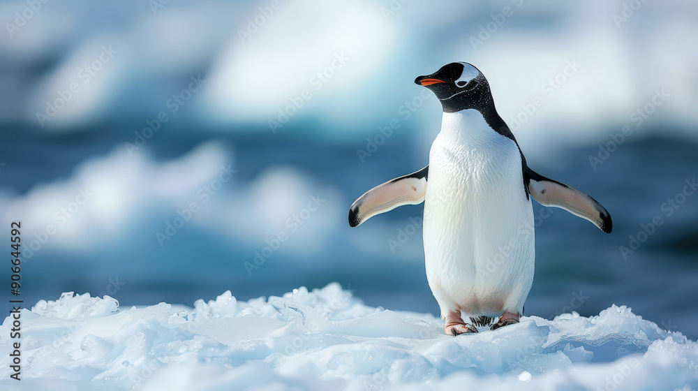 Naklejka premium Penguin standing on an ice floe with the ocean in the background, raw beauty, resilient and steadfast