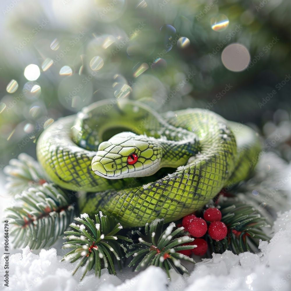 Fototapeta premium snake on new year and christmas background.