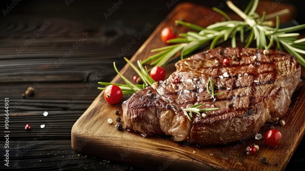 A delicious grilled steak garnished with fresh herbs and pepper on a wooden board, perfect for culinary photography. A delicious grilled steak garnished with fresh herbs and pepper on a wooden board, perfect for culinary photography.