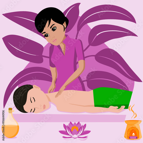 Swedish massage with professional massage therapist in spa. Indian and Asian ethnicity. Isolated flat vector illustration.