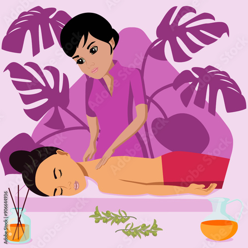 Swedish massage with professional massage therapist in spa. Indian and Middle Eastern ethnicity. Isolated flat vector illustration.