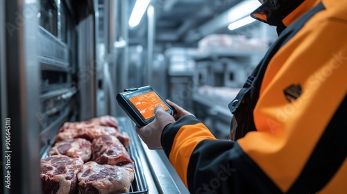 Close-up of a meat technician using a barcode scanner to track inventory in a freezing room