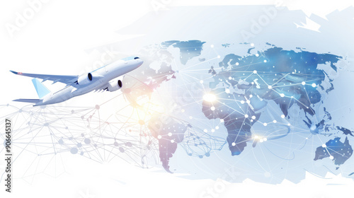 Modern airplane flying over a world map with connecting lines and glowing nodes. Concepts of global travel, international connectivity, and aviation technology.