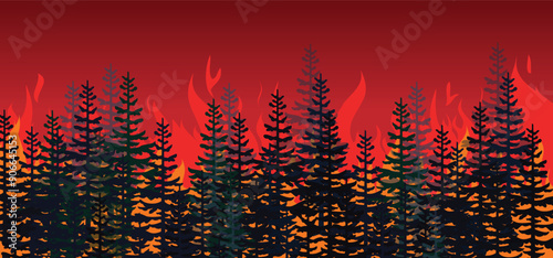 Deforestation with fire flames for Fireman's job, campaign and public relations. vector flamme, landscape icon. Fire burning trees in forest. Coniferous forest, silhouette of pine trees and spruces.
