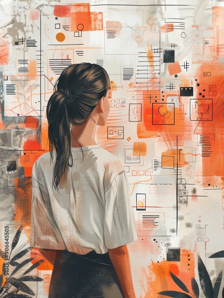 An illustration of a person looking at a vision board filled with symbols of success and happiness An illustration of a person looking at a vision board filled with symbols of success and happiness