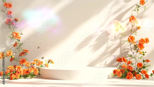 White podium with orange flowers and soft lighting.