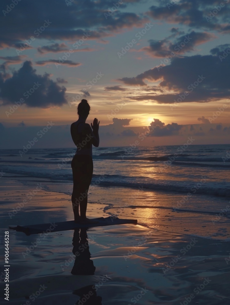 A woman stands alone on the beach at sunset with the ocean in the background A woman stands alone on the beach at sunset with the ocean in the background