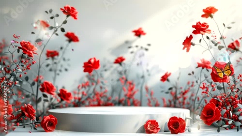 White pedestal with red flowers and a butterfly.