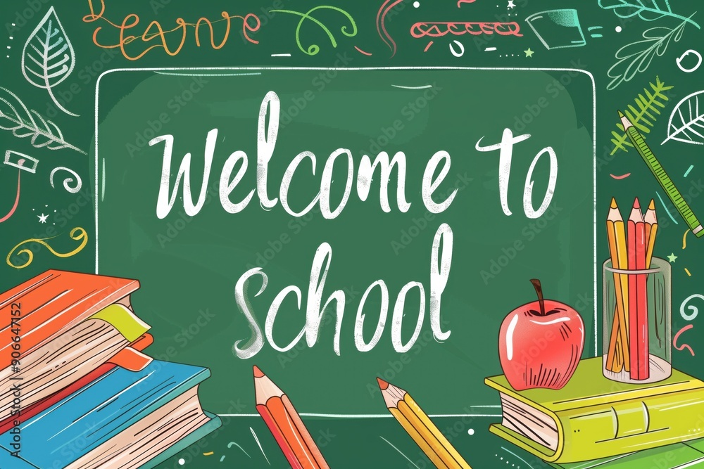 Green school board with welcome to school, apples books and pencils Green school board with welcome to school, apples books and pencils