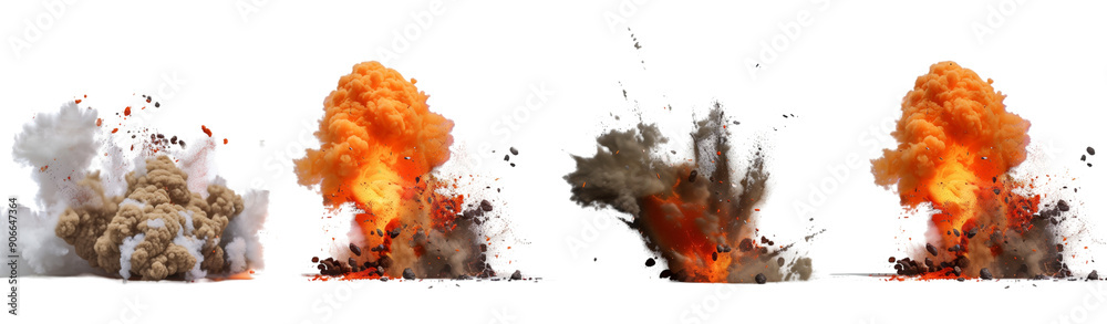 Set or Collection of Massive fiery explosion with thick smoke and debris isolated transparent background PNG