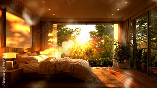 Warm bedroom with a view of a sunrise through the window.