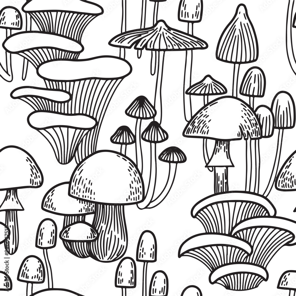 seamless pattern with mushrooms. illustration in sketch style. line vector print, coloring book seamless pattern with mushrooms. illustration in sketch style. line vector print, coloring book