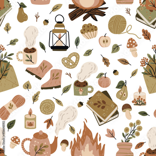 A vector pattern featuring autumn attributes: leaves, pumpkins, pies, jam, cozy sweater, scarf. Ideal for fabric printing, wrapping paper, greeting cards, and seasonal home decor 