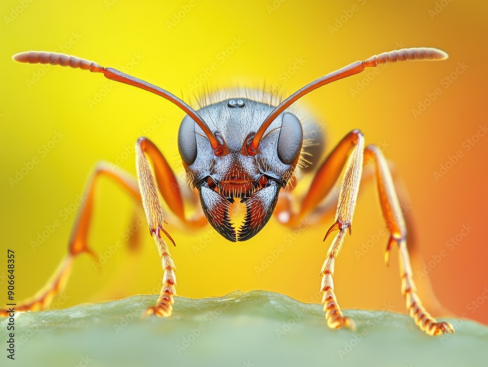 Naklejka premium Intricate ant close-up against a vibrant sunset background
