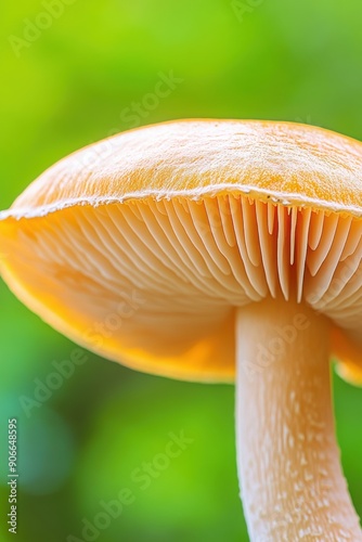 Golden mushroom growing underneath the sunlight in a lush green forest