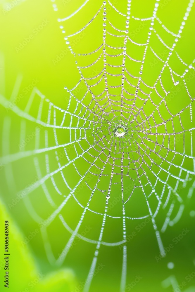 Obraz premium Delicate spider web glistening with dew in a lush green garden at dawn
