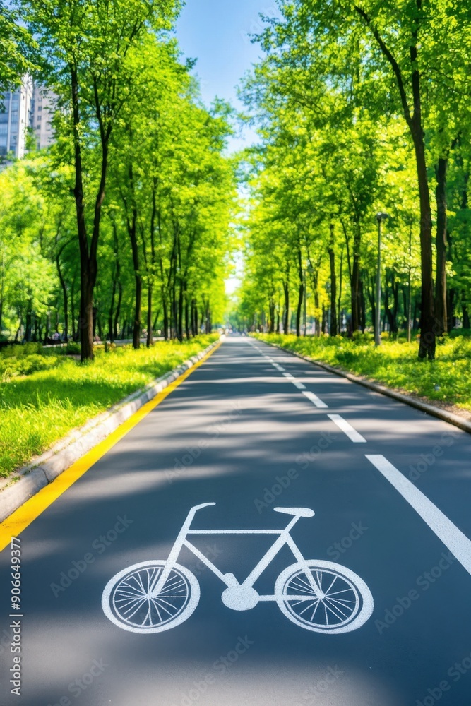 Fototapeta premium Serene green bicycle path under a clear blue sky in a sunny urban park